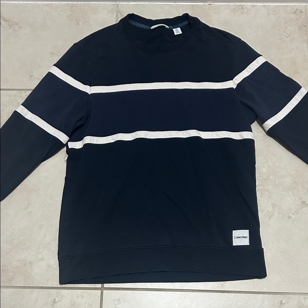 Calvin Klein Men's Dark Blue Crewneck Sweater with White Stripes